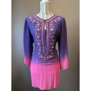 Chico’s Ombre Beaded Tunic Top Size 1 Purple Pink Silk Blend Boho Embellished